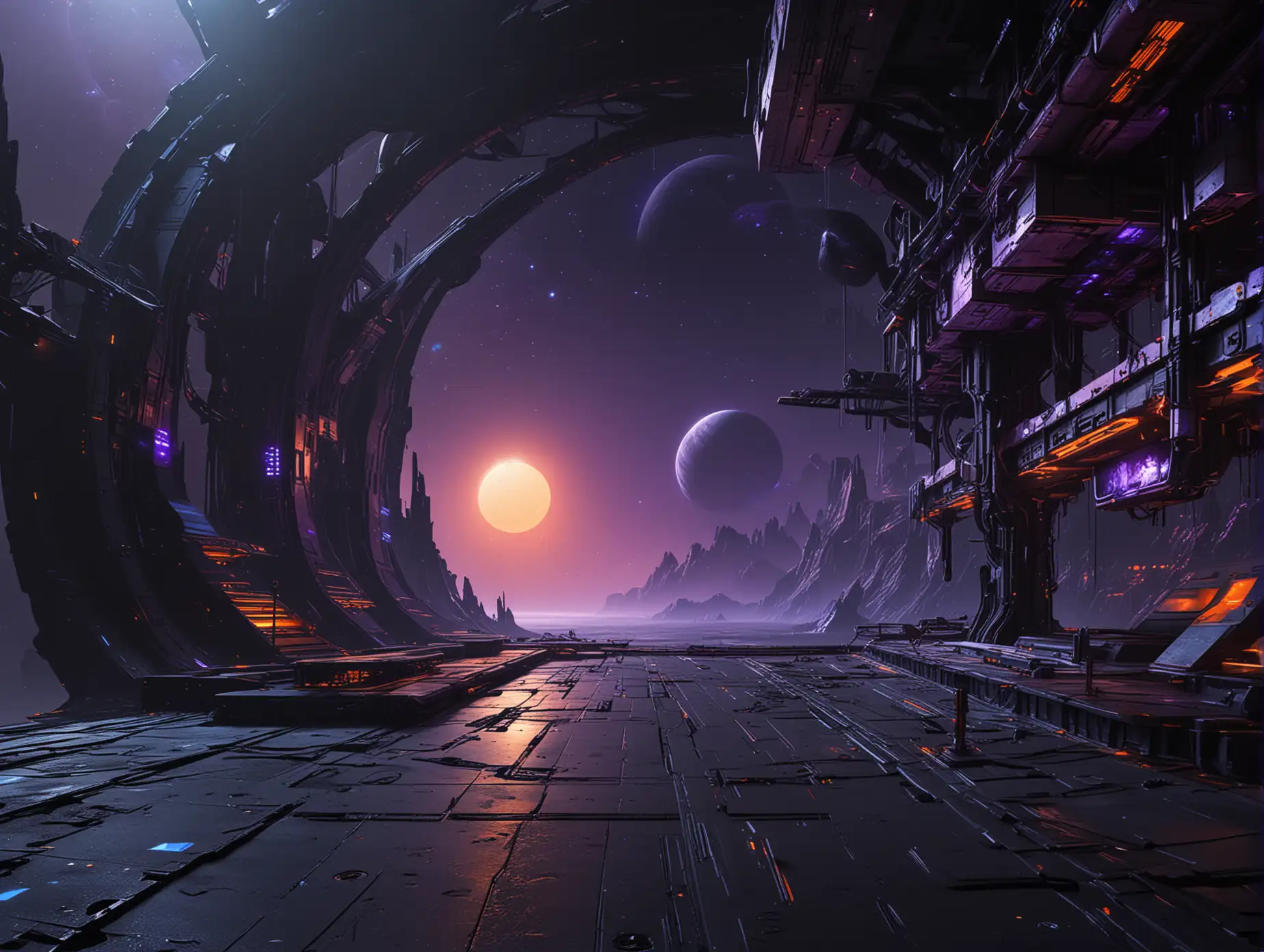 dark futuristic place with platform and planet view with orange , blue , shade of purple and dark metalic colors
