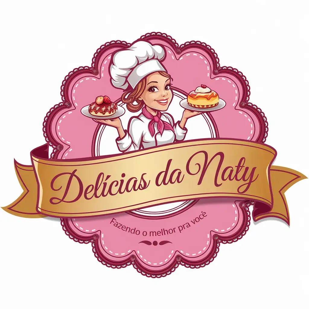 LOGO Design for Delcias da Naty Cheerful Female Chef with Savory Pastries in Pink and Gold with Elegant Cursive Typography