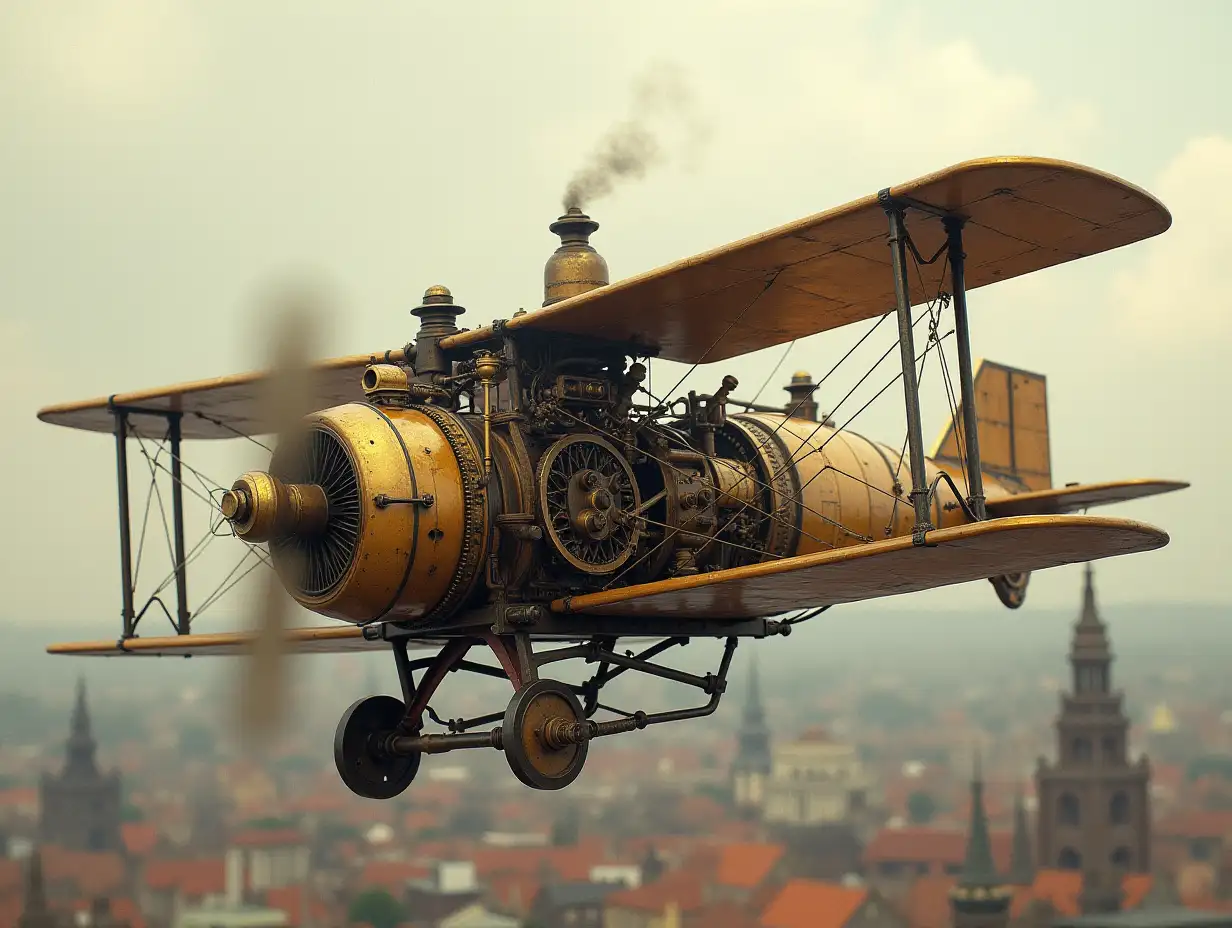 a detailed steampunk-style flying machine with intricate gears, brass fittings, and steam-powered mechanisms. Show the invention in flight above a Victorian-era city