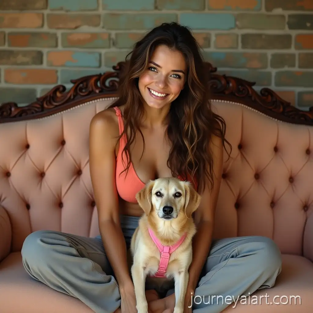 Smiling-Woman-with-Missing-LegsAI-Image-Prompt-Expansion-and-Dog-on-Vintage-Couch-in-Cozy-Indoor-Setting