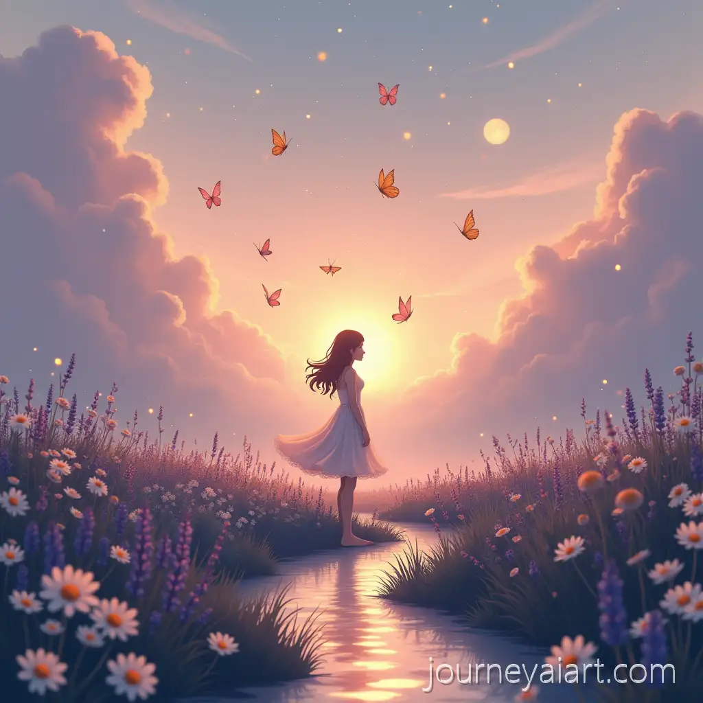 Faceless-Feminine-Silhouette-in-Dreamy-Wildflower-Field-with-Glowing-Journal-Pages-at-Twilight