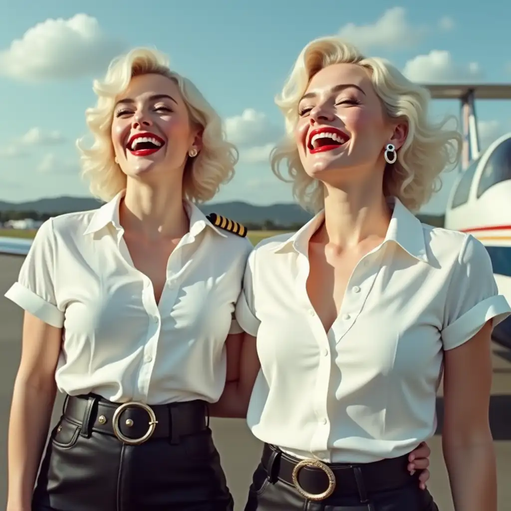 two white curvy pilot ladies, Marilyn Monroe face, in white unbuttoned pilot shirt, laughing with her mouth open, red lipstick accentuating her smile,belt on waist, big wide hips, chest are fully grown, jewerly, short hair, HD, enjoying at airport , photo-realism