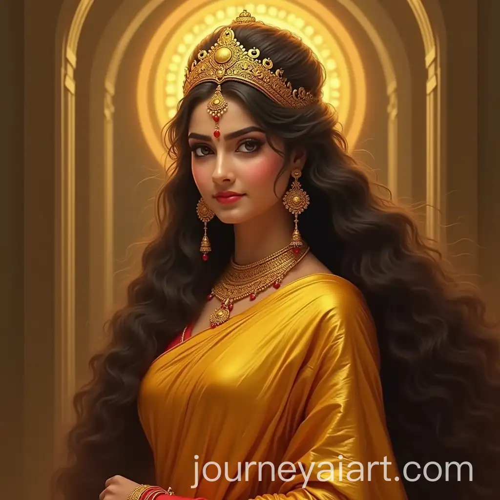 Realistic-Depiction-of-Goddess-Lakshmi-in-a-Golden-Saree-with-Long-Hair