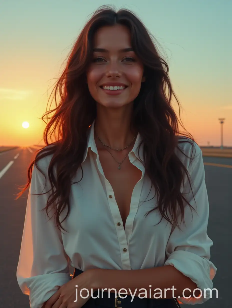 Beautiful-Woman-in-Pilot-Attire-on-an-Empty-Runway-at-Sunset