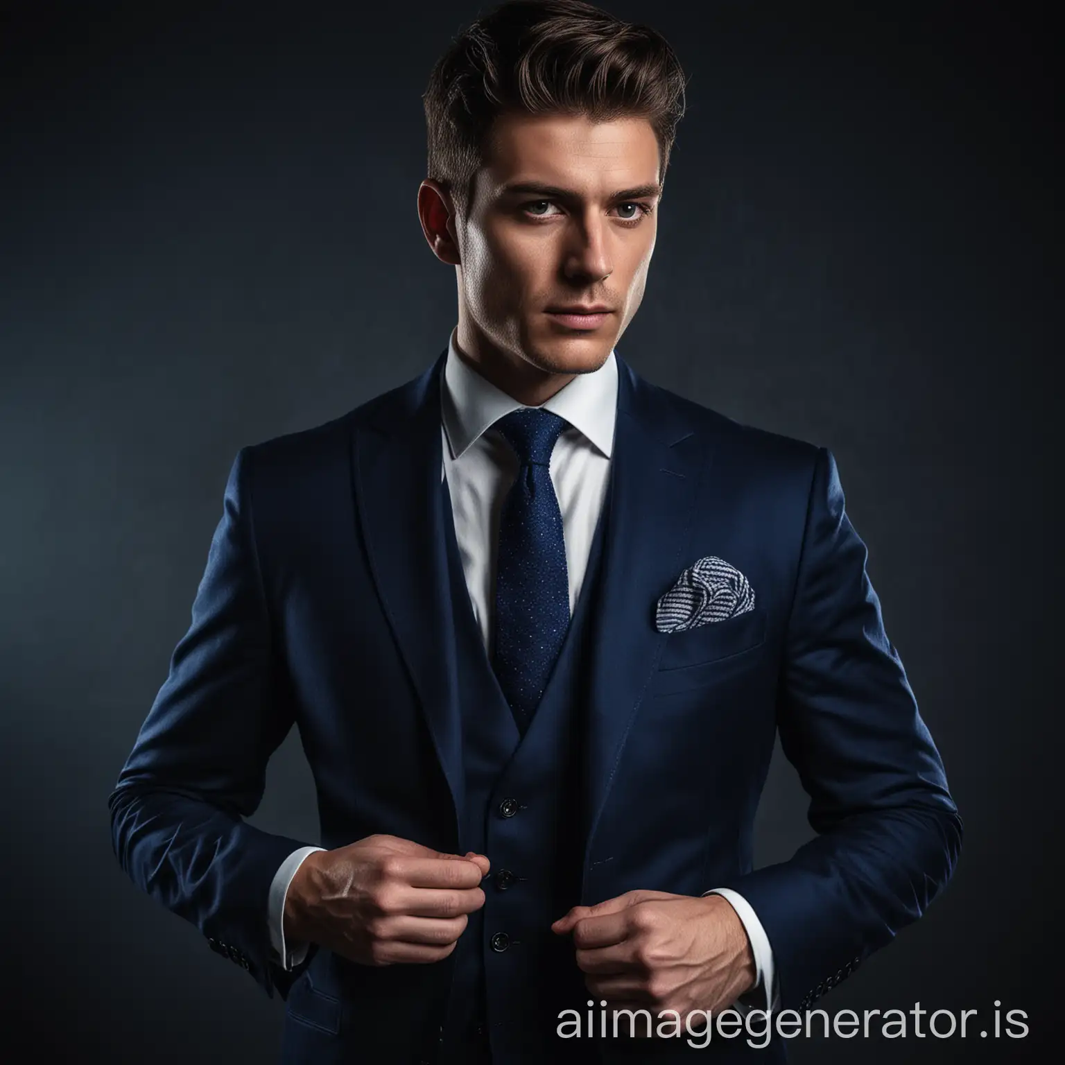 a photoshoot portrait in studio of an elegant man in dark blue suit, with a tie, cinematic lighting, detailed and intricate