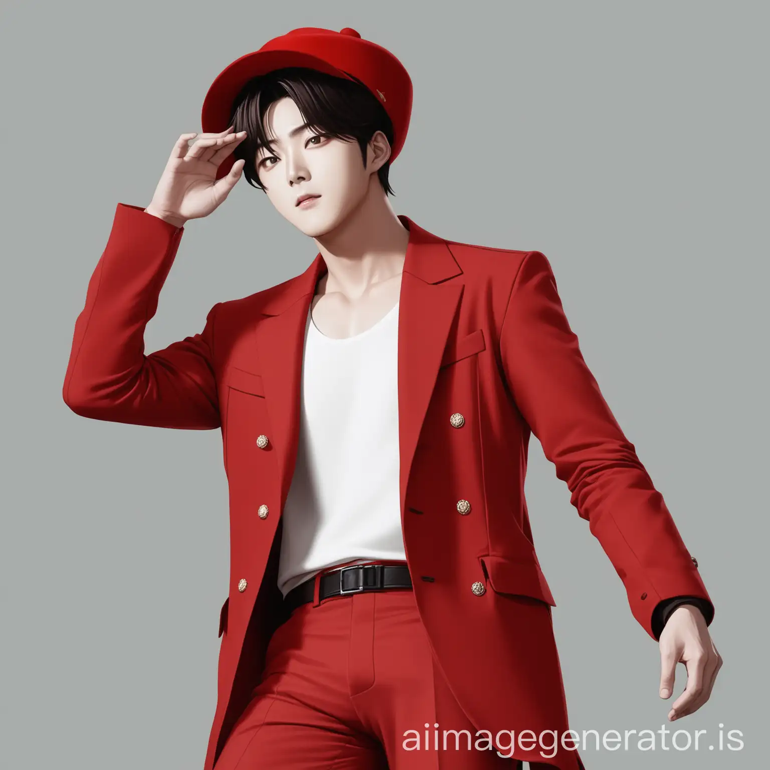 Charismatic-Character-in-Red-Jacket-Pants-and-Hat-Styled-Like-Jin-Woo