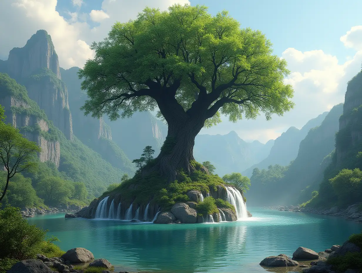 Building tree head with lake and waterfalls