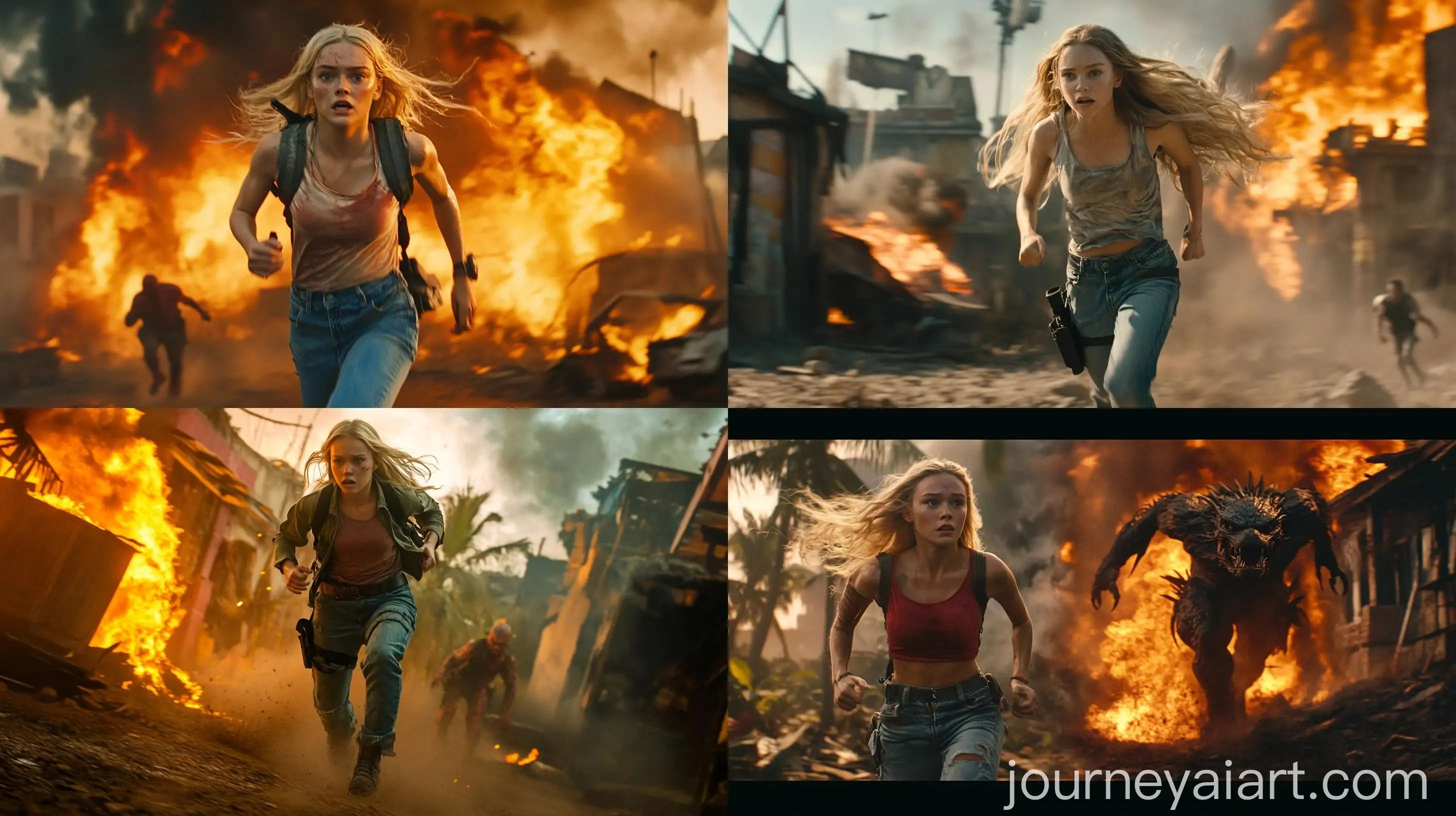 Elle-Fanning-Running-from-Predator-Creature-in-Vibrant-Burning-Village