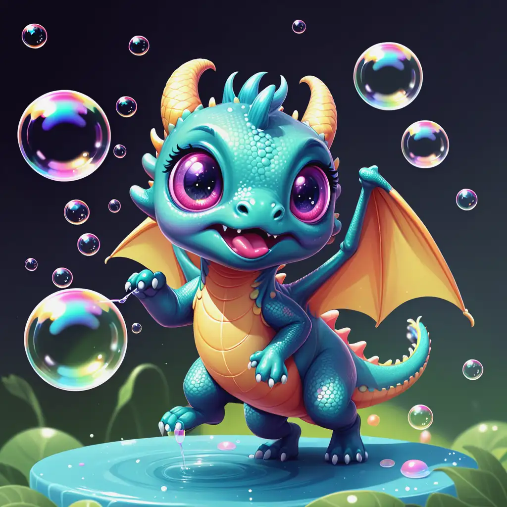 Playful Sweet Dragon Chasing Soap Bubbles