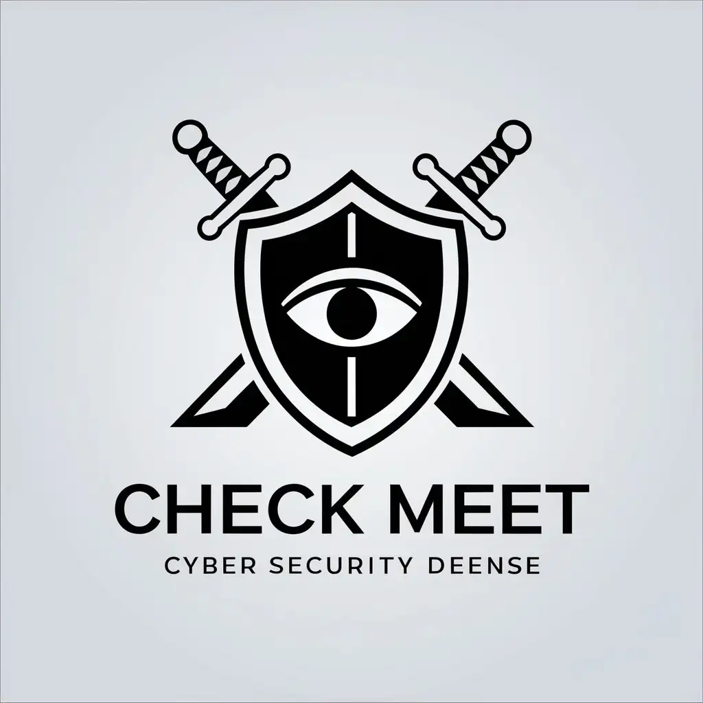 a vector logo design,with the text "check meet", main symbol:shield with two crossed swords behind it and eye inside it, to resemble cyber security defense,Moderate,be used in Technology industry,clear background