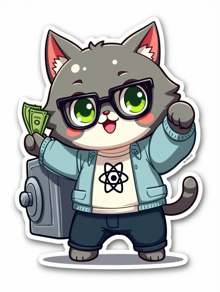 A curvilinearly cut sticker depicting a kawaii positive fluffy little gray cat with green eyes  in office clothes with an atom symbol on t-shirt and glasses. The cat puts a wad of money in a huge bank safe. Vibrant and dynamic die cut sticker design top-view, high resolution, vector art, white background, paint in anime style