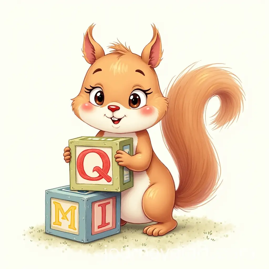 Squirrel-Holding-Wooden-Toy-Block-with-Letter-Q-in-Childrens-Book-Style