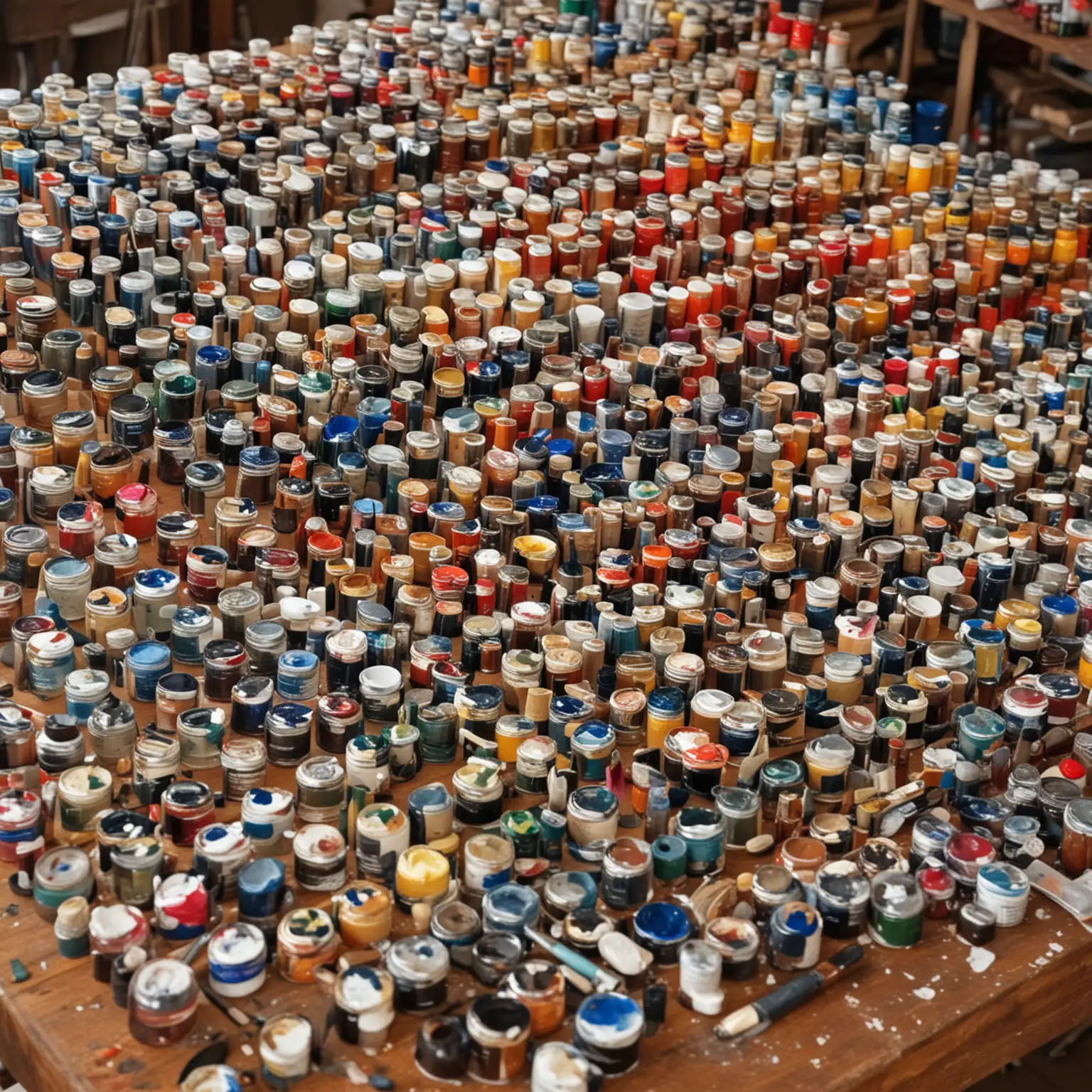 varnishes, paints, enamels stand in rows on the table, next to them are brushes, large and small.