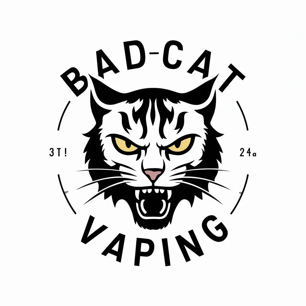 a vector logo design,with the text "BadCat Vaping", main symbol:Brutal wild cat face vaping electronic cigarette,complex,clear background