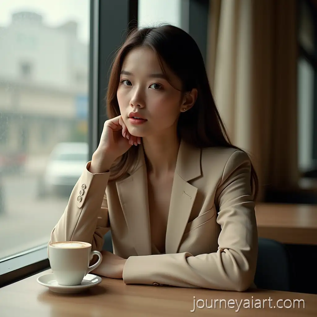 Brunette-Woman-in-Beige-Suit-Sitting-by-Window-with-Coffee-and-iPhone