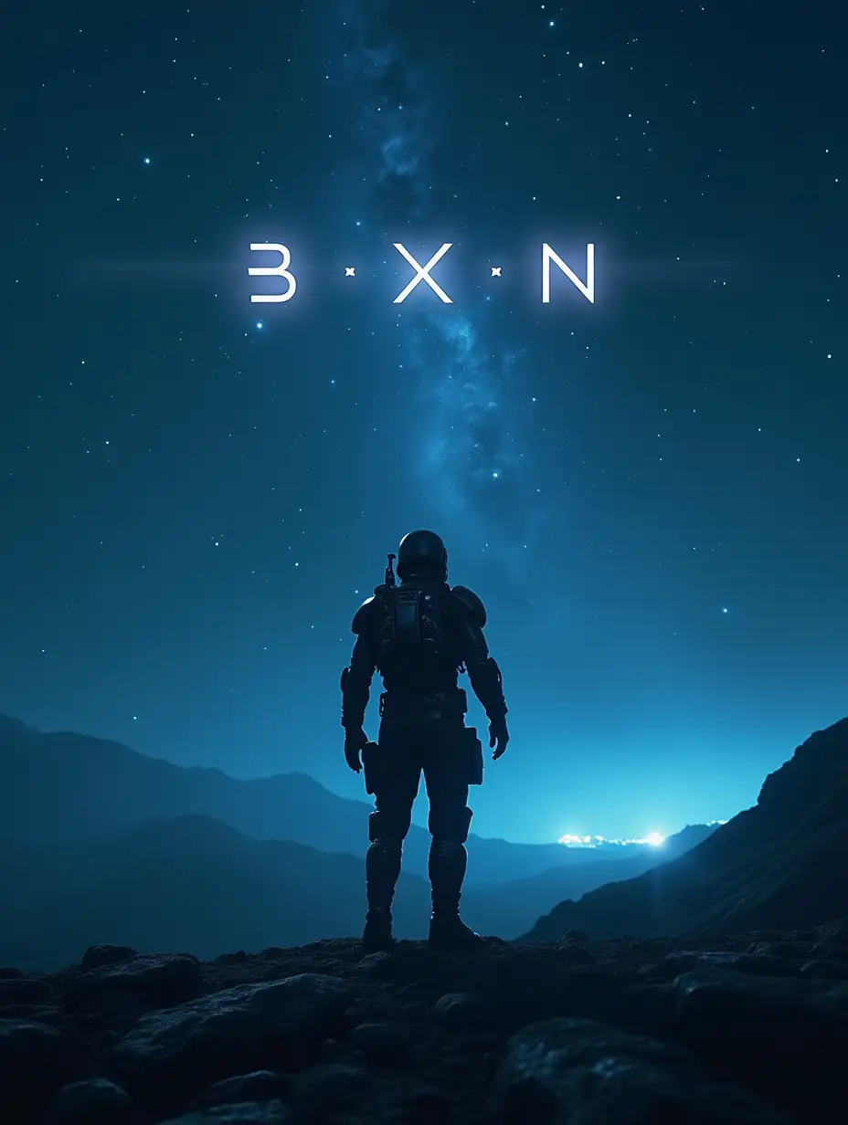 A spectacular space background in 16:9 format, with bright stars and a nebula in the distance. In the foreground, a soldier with detailed reflective dark futuristic armor, gazing at the horizon on rocky terrain under a night sky. The atmosphere is mysterious and cinematic, with soft lights and cool blue lighting. Above him, a clearly visible futuristic inscription with the text 'Blackfort BXN', styled with a high-tech font and slightly luminescent.