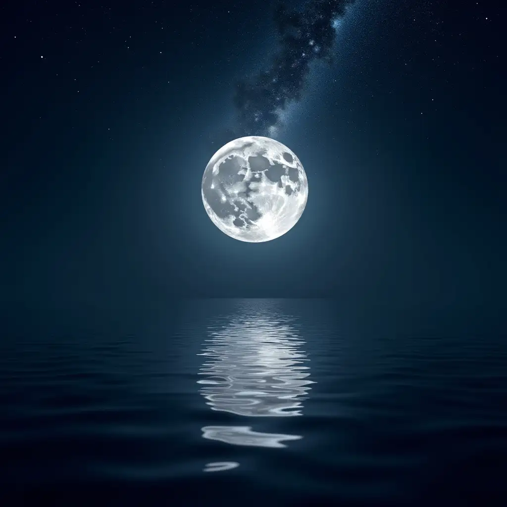 Full moon in the clear sky and behind the moon the milky way and moon reflects in sea