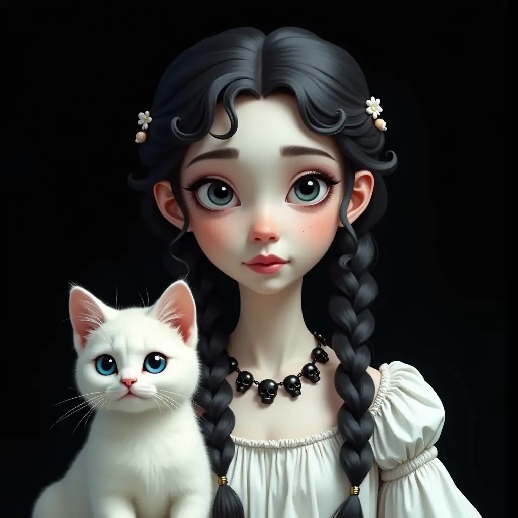 Princess with black and white braided hair, white skin, white dress, freckles, necklace with black skulls, white cat with blue eyes, wise kitten, black background portrait 75mm