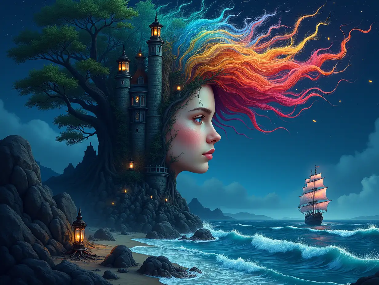 Creating a Digital painting face with rainbow hair transforms into building with stones and lighting trees with roots and rocks and lantern by the sea,with large hand clock sailboat with lanterns and very big waves and lightning strange creatures-in the night 