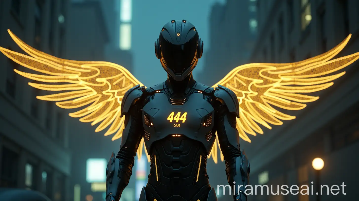 Futuristic Android with Cyber Digital Wings in a Cyberpunk City at Night