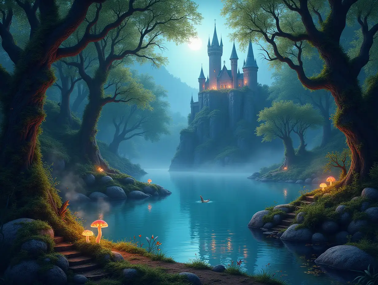 Enchanted Forest RealmnA mystical forest landscape with ancient, gnarled trees draped in luminous moss and vines. A crystal-clear lake reflects the surrounding foliage and distant castle. Ethereal mist hovers above the water's surface. In the background, a majestic stone castle with tall spires and flying buttresses perches atop a craggy cliff. Magical fireflies and wisps dance through the air, casting a soft glow. A winding path of glowing mushrooms leads deeper into the forest.nStyle: Digital painting with elements of fantasy illustrationnColor Palette: Rich greens, deep purples, and cool blues dominate, accented by warm golden lightnLighting: Dappled moonlight filtering through the forest canopy, with areas of magical bioluminescencenComposition: Rule of thirds, with the lake occupying the lower third, forest the middle, and castle silhouette in the upper thirdnNegative Prompt: No modern or urban elements, avoid cars, power lines, or contemporary clothing. Exclude non-fantastical wildlife.nTechnical Details:nAspect Ratio: 16:9nResolution: 3840 x 2160 (4K)nSeed: 78291nAI Model: Midjourney v5