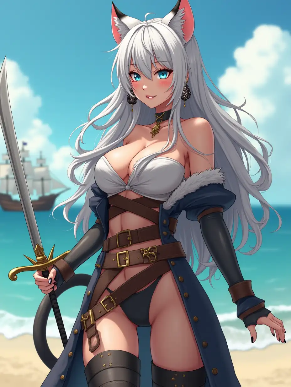 A mature adult feline/woman dressed as a pirate with a sword on a beach.  A pirate ship in the background. Her 30-something years are disguised by her youthful facial features, except for her subtle wrinkles around the eyes, extremely slender body. Her ample bosom strains against her clothing, threatening to burst free from the fabric, extreme cleavage.  Wearing black thigh high pirate boots. She has piercing blue cat eyes. A choker adorns her neck, a subtle hint at her feline nature. Her long, white hair cascades down her back like a wild waterfall, tangled and disheveled. Her cat-like teeth glint in the light, as her white fur-lined ears punctuate her visage with sparkling black and gold earring adorns each ear, adding a touch of elegance to her feline features. Cat whiskers on her face. The attached tail at the base of her spine stirs lazily.  Long fingernails. Full body view. Anime.