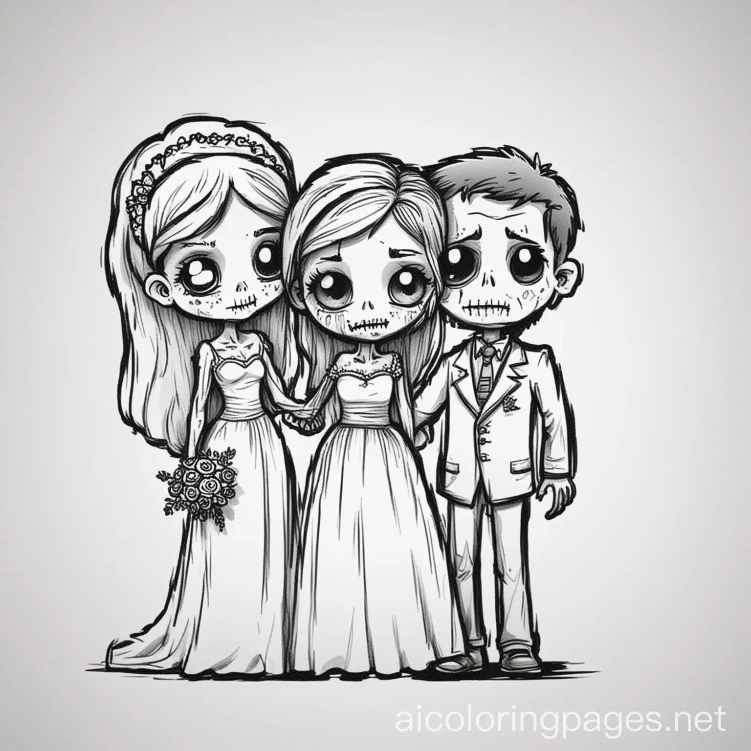 dead zombie kids couple wedding, Coloring Page, black and white, line art, white background, Simplicity, Ample White Space. The background of the coloring page is plain white to make it easy for young children to color within the lines. The outlines of all the subjects are easy to distinguish, making it simple for kids to color without too much difficulty