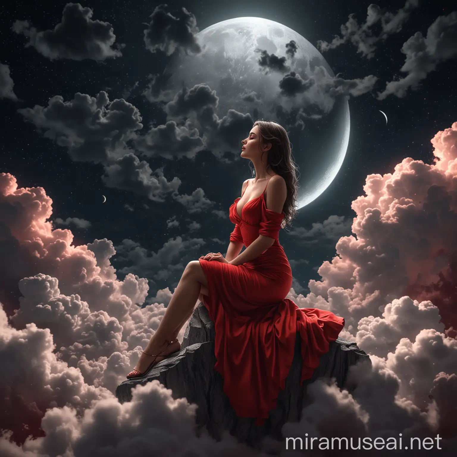 Beautiful Woman in Red Dress Sitting on Half Moon with Amazing Clouds at Midnight