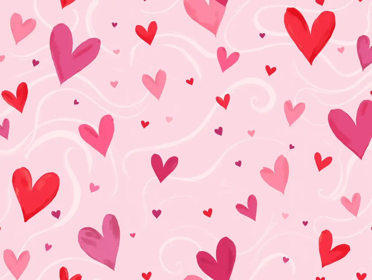 Vintage, Watercolor-style. Swirling abstract pattern filled with hearts in various sizes and shades, set against a soft pink background. The design features smooth, flowing curves and lines in colors of deep red, soft pink, and vibrant purple. The aesthetics are playful and whimsical, evoking a sense of love and positivity. The hearts are interwoven with elegant swirls, creating a dynamic visual rhythm. The overall tone is cheerful and romantic, perfect for a whimsical Valentine’s Day theme.