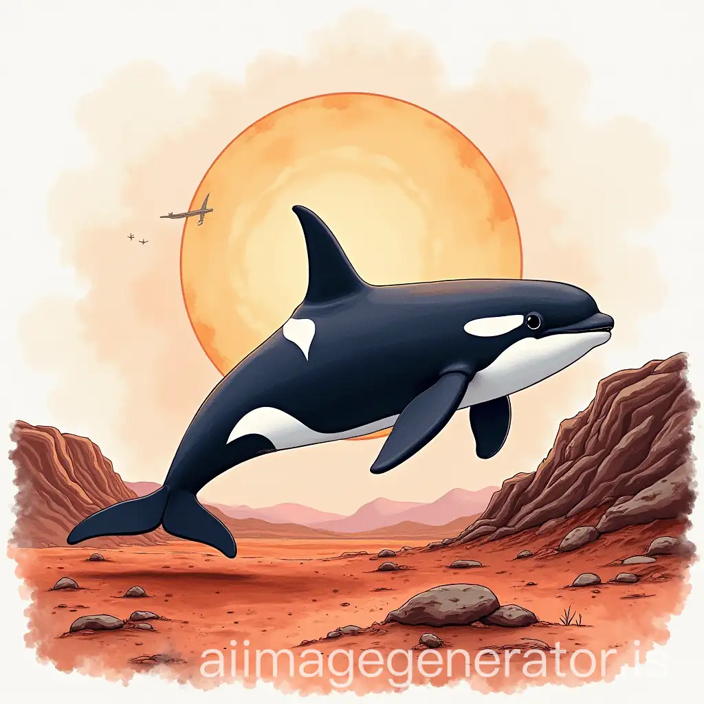 Orca-Whale-with-Basaltic-Lava-Texture-on-Mars-in-Watercolor