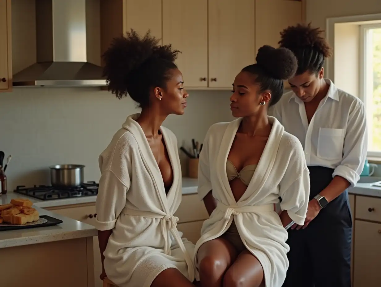 Two young black student flirtatious women of 18 years, sitting on a kitchen stool. Hands in the back. Sweaty bathrobe open décolleté, admiring the butler who cooks preparing breakfast. Morning. Bump on the butler's pants. Open shirt.