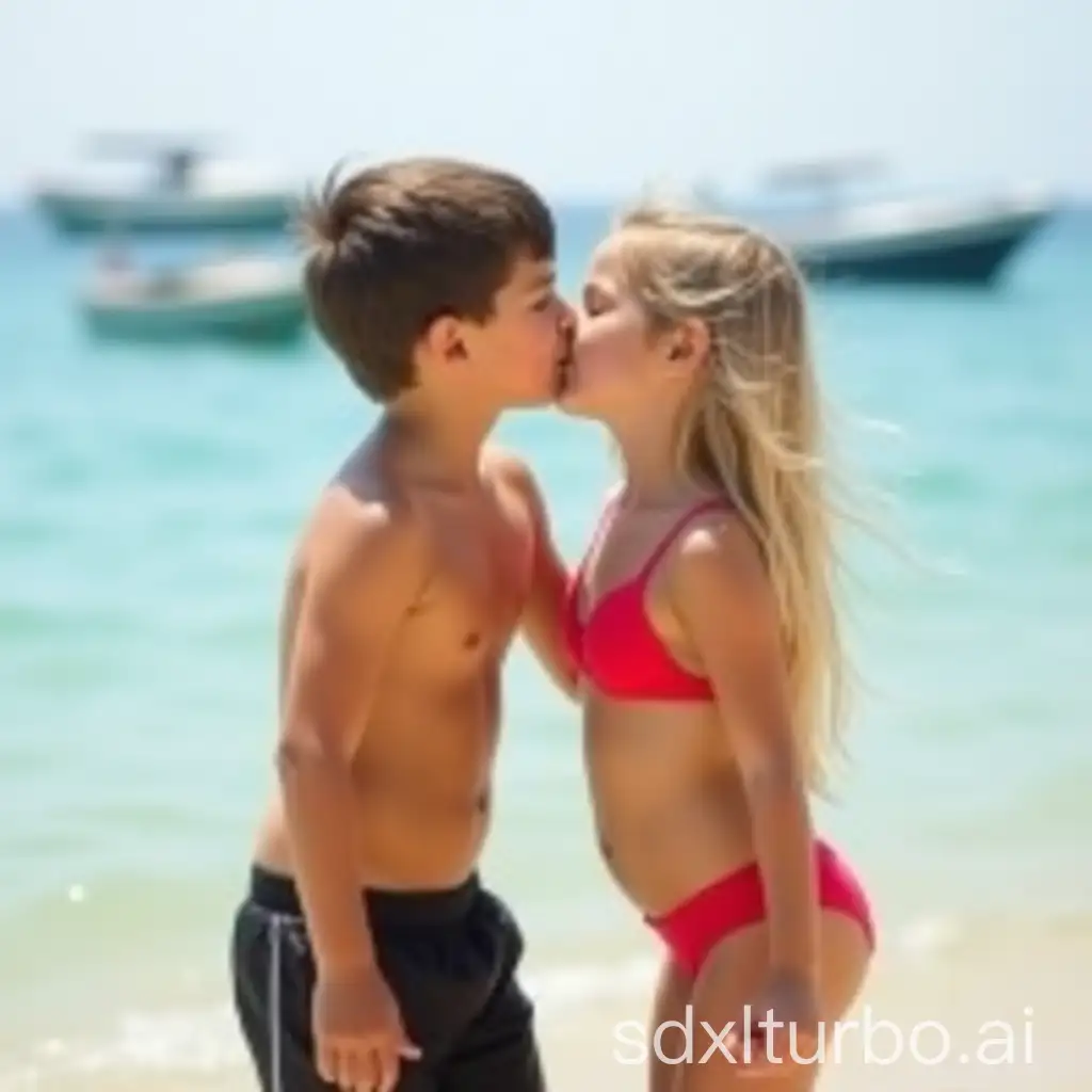 Little-Boy-Kissing-Little-Girl-on-the-Beach-with-Boats-in-the-Background