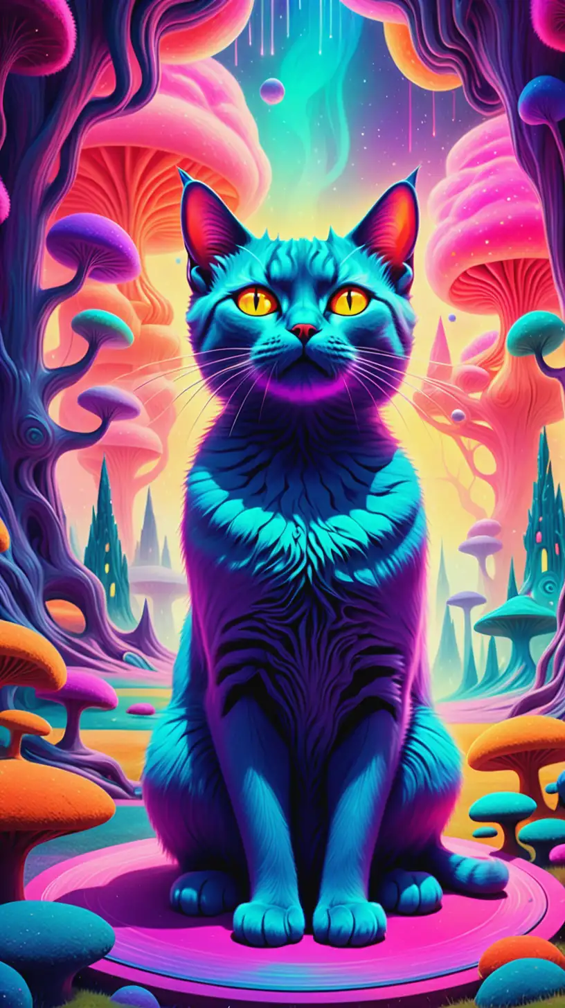 Vibrant Psychotic Cat Meditating in Colorful Surreal Fairyland