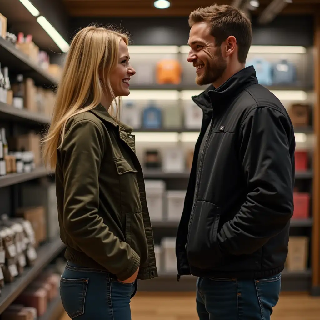 Shelf in a store where a middle-aged blonde girl with medium build in jeans and a jacket is standing with her back to us, and a guy is also standing with his back to us but facing the girl and smiling