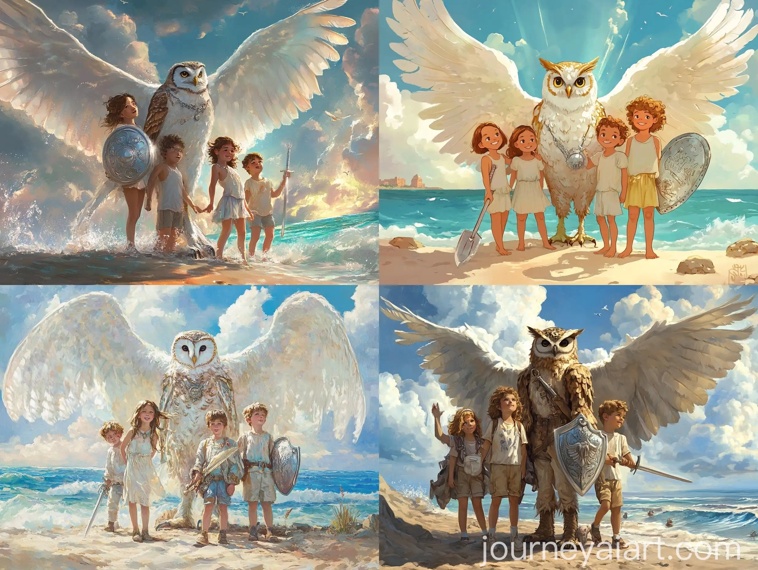 Children-with-Owl-Protector-by-the-Magical-Ocean-at-Sunrise