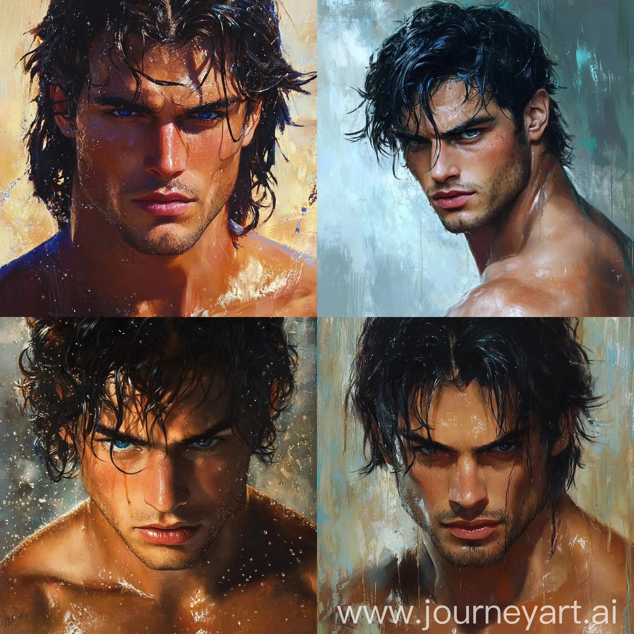 Portrait-of-a-Supernatural-God-with-Ocean-Blue-Eyes-and-Tanned-Skin-in-a-Realistic-Impressionistic-Style