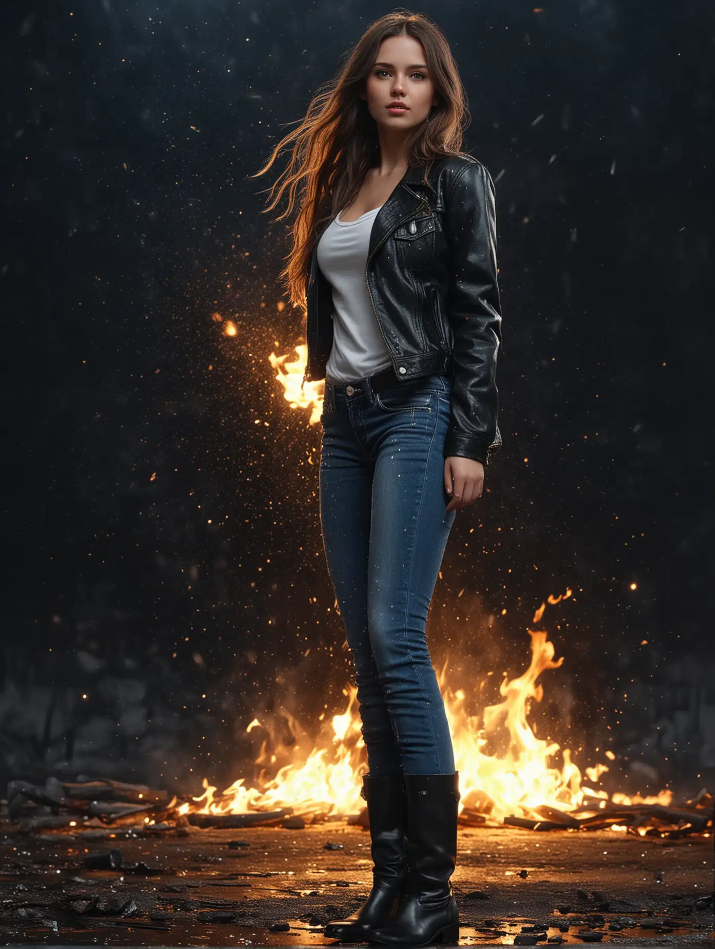 Brunette-Woman-in-Black-Jacket-with-Fire-and-Golden-Sparkles-in-Dark-Space