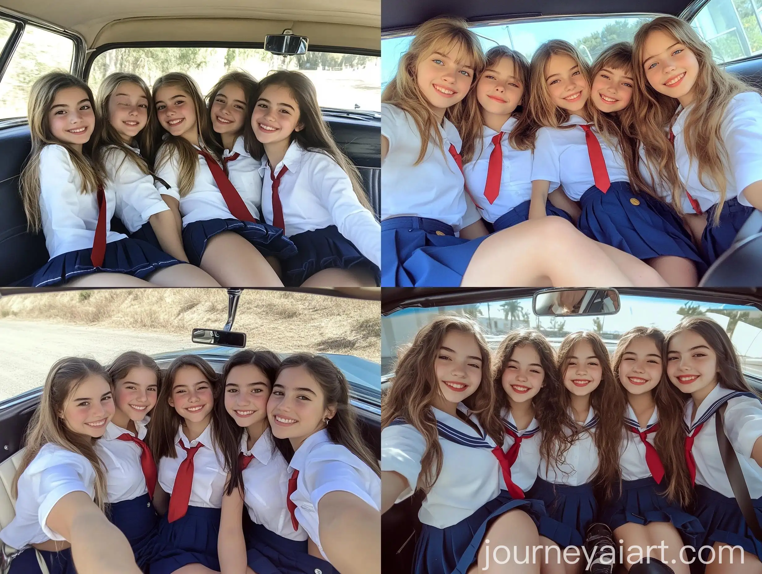 Five-Girls-in-School-Uniforms-Taking-Natural-Selfie-in-Convertible-Car