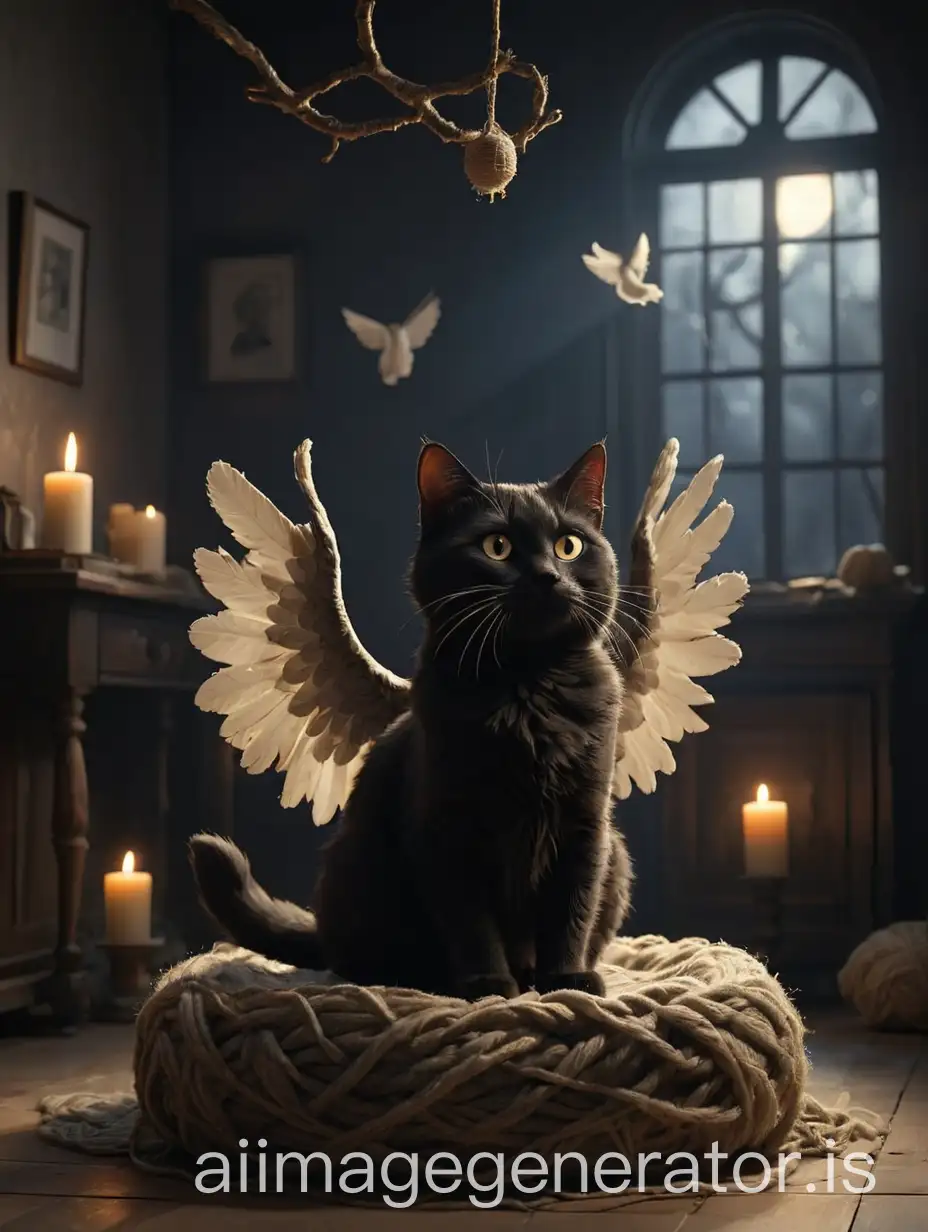 Mysterious-Cat-Silhouette-with-Angel-Wings-in-a-Candlelit-Room