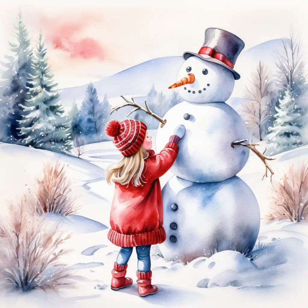 Young Girl in Red Hat and Sweater Building a Snowman in a Winter Wonderland