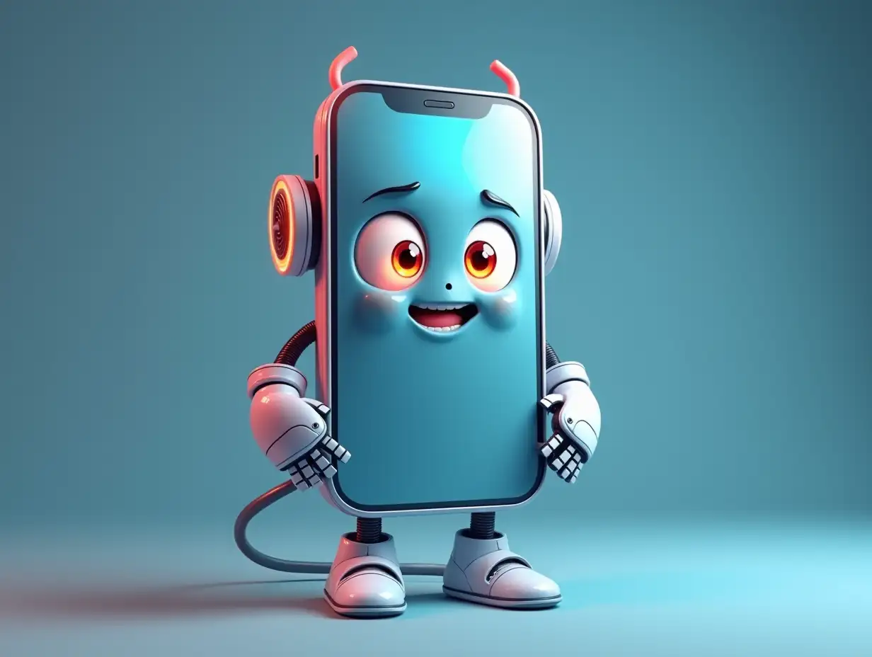 A character that is an animated cellphone come to life. Its main body has the shape of a modern smartphone, with rounded edges and a bright screen that takes up its entire front. The screen acts as its face, displaying animated expressions with large cartoonish digital eyes, with glowing pupils and soft reflections that give it a friendly and dynamic appearance. Its mouth appears as an illuminated trace that changes shape according to its emotions. The screen can light up in different colors to express moods: soft blue when happy, intense red when angry or bright yellow when surprised. Its arms and legs are made of flexible polished metal tubes, similar to high-tech cables, and end in robotic white gloves hands and futuristic boots feet with glowing edges. On the top of its body, two small curved antennae protrude, similar to ears, which blink softly and move depending on its emotional state.