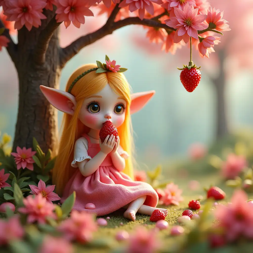 Sweet mixed media felt and mixed media material diorama. Pastel autumn fairyland. A sweet elvish artpunk girl with large ears and excessive big eyes is sitting under a flower tree and eating a juicy strawberry. Beautiful fairy land. Whimsical. Beautiful lighting. 16k uhd. Depth. Realistic oil painting. Bright pastel land.