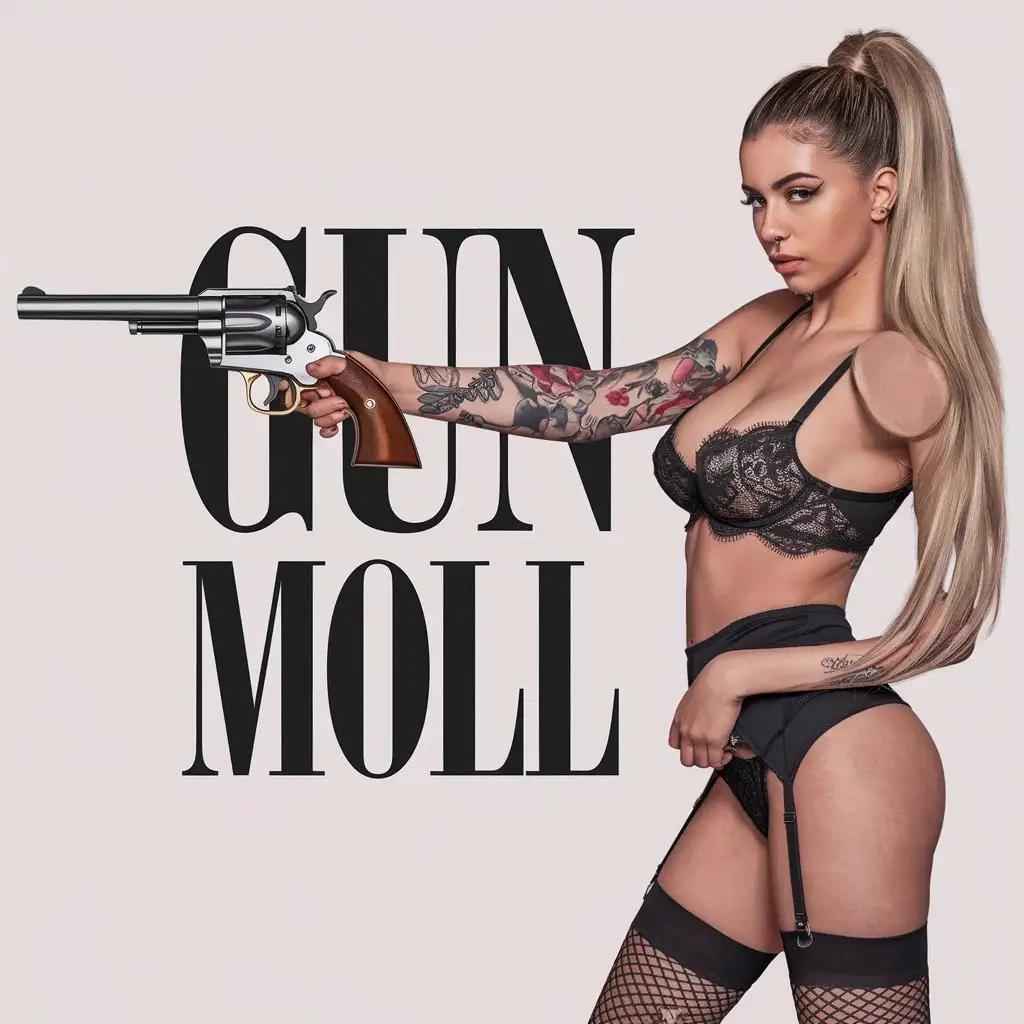 a vector logo design,with the text "Gun moll", main symbol:Beautiful young slim tattooed girl Instagram model Ella Cervetto type, ponytail long blonde hair stands in a black lace big bust very large bra and High Waisted Yoga Red Shorts, sexy stockings, pump nice butt, with a classic big peacemaker revolver in her hand,Moderate,clear background