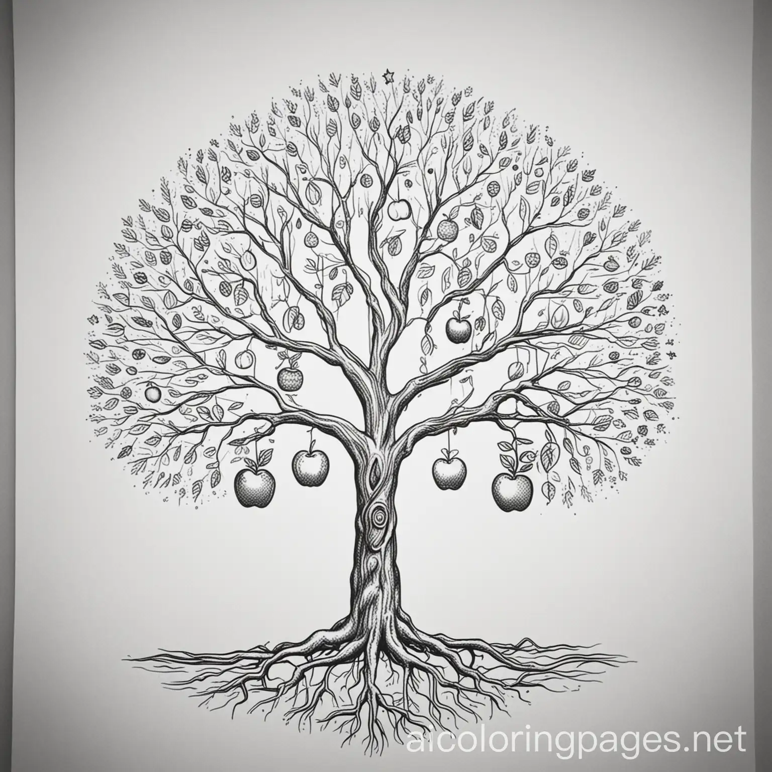 Simple-Tree-with-Visible-Roots-and-Apples-Surrounded-by-Stars-Coloring-Page