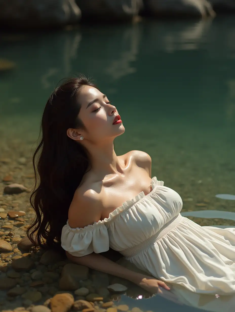 Young-Asian-Female-Supermodel-Lying-in-Shallow-Lake-with-Wet-Dress-and-Sunlight-Reflection