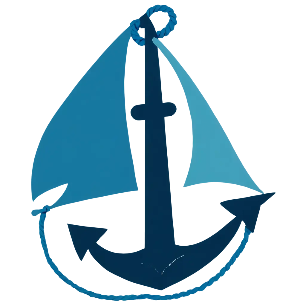 Sailboat with an anchor hanging, drawn with three different shades of blue.