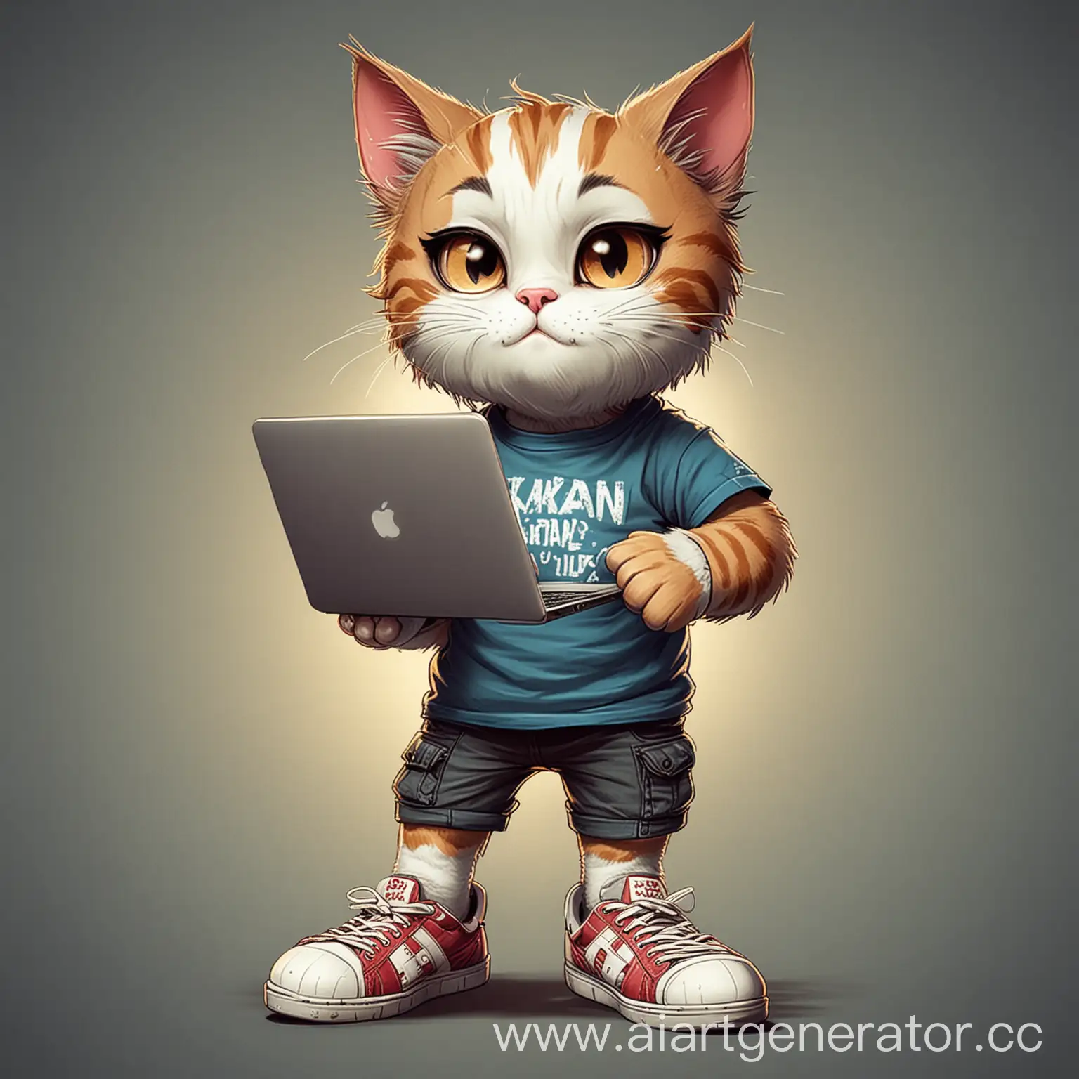 A cartoon cat in digital art style stands on his feet, wearing T-shirt with the text on it "Stakan" and with laptop in hands looking at it