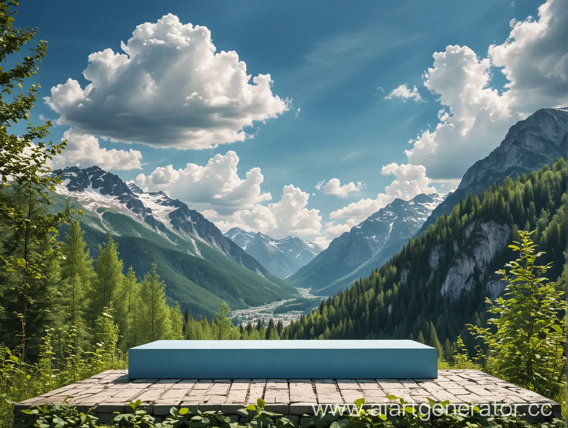 Mountain-Podium-in-Fresh-Summer-Air-with-Blue-Sky-and-Clouds