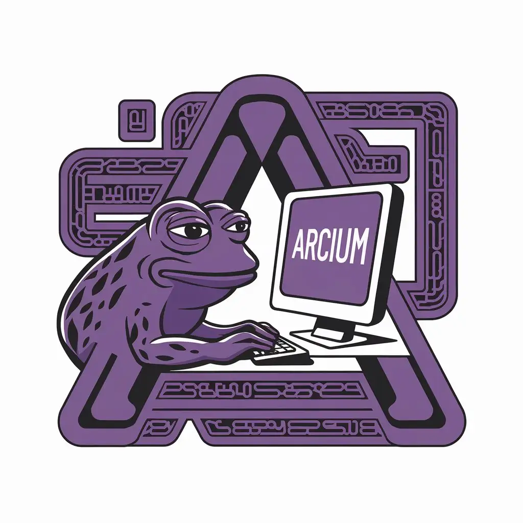 LOGO Design for The Purple Pepe Frog Typing at a Computer with Arcium Display Text