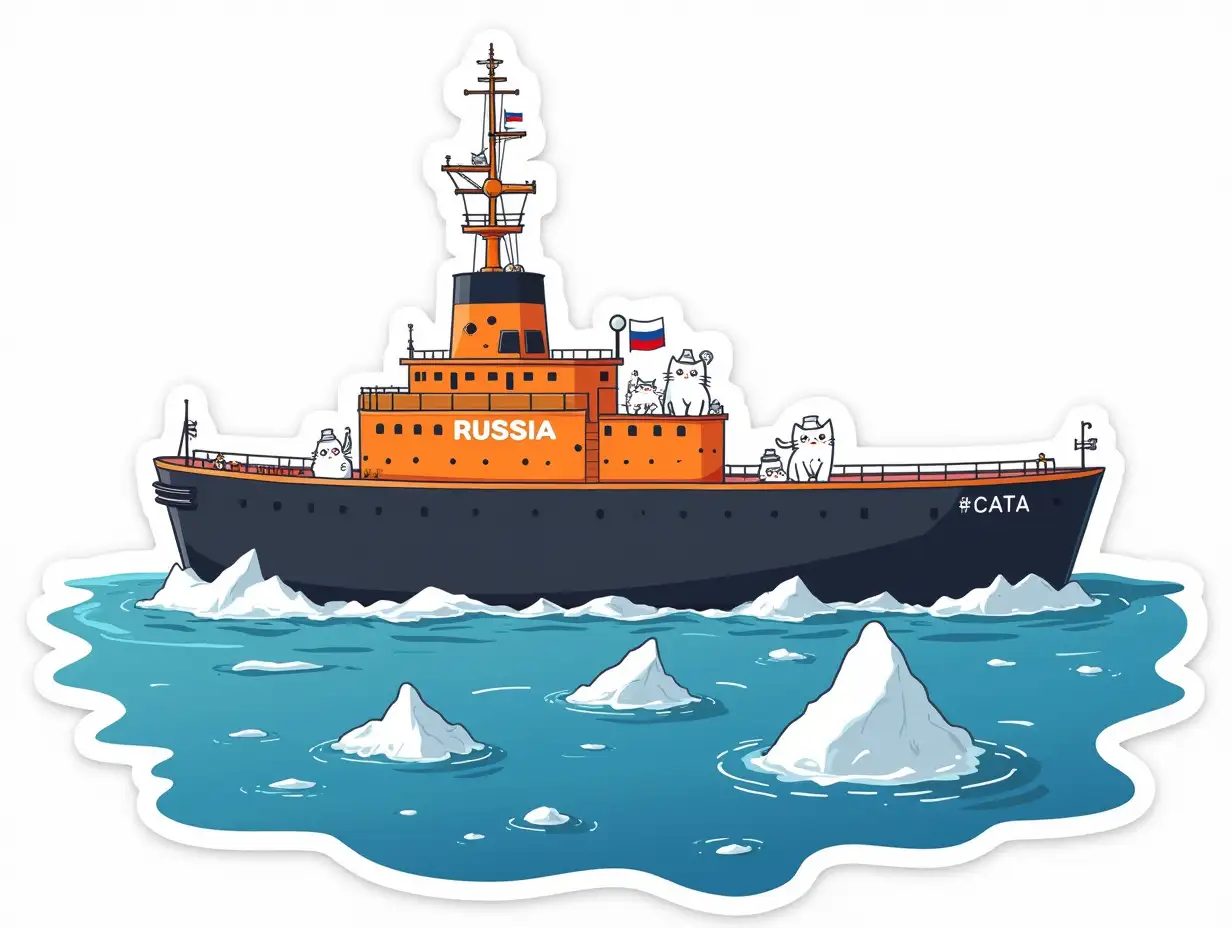 a huge atomic icebreaker floating out of the ocean with icebergs, the lower part of the ship is black, the upper part is bright orange, the inscription on the deck superstructure is the Russian flag. there are small white cats on the ship in the image of sailors,  Sticker design - top view, high resolution, vector graphics, white background, anime-style coloring.